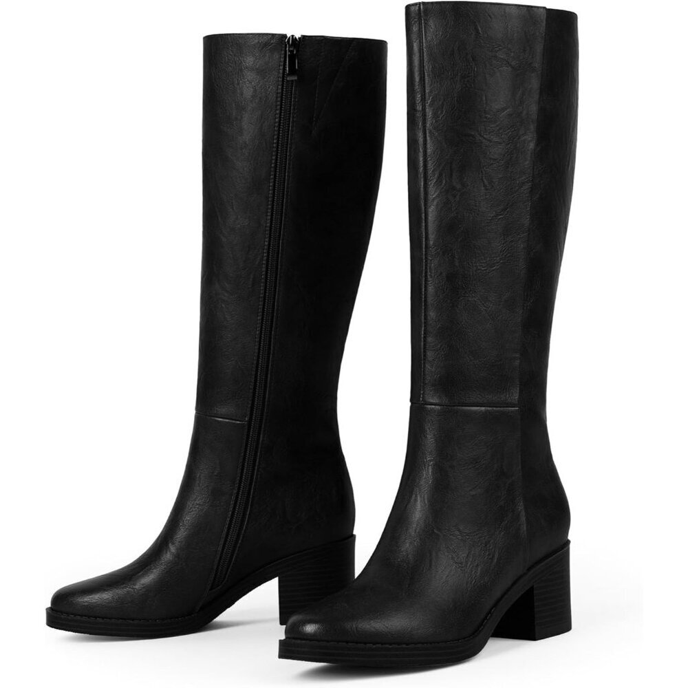 Women's Retro Black 2.56" Chunky Heel Round Toe Side Zipper Knee High Boots - Picture 5 of 7